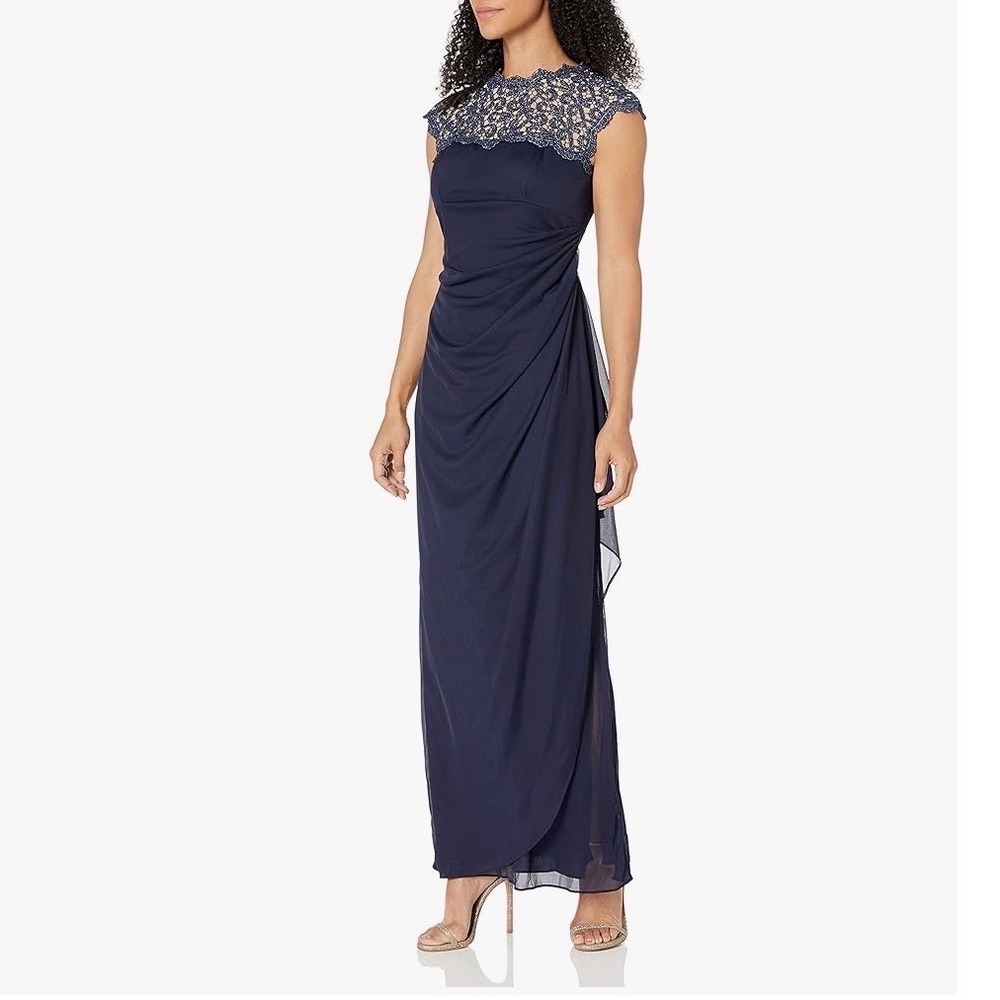 Alex Evenings Navy‎ Blue Metallic Lace Ruched Gown Dress 112388 Womens 14 NEW